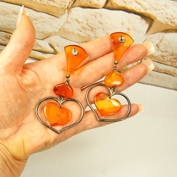 ANTIQUE AMBER EXTRA LONG EARRINGS, UNIQUE GIFT FOR WOMEN - Picture 5 of 10